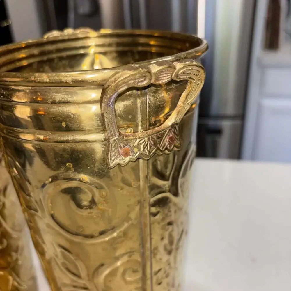 Vintage Hosley French Brass Bucket Planter Vases with Embossed Floral/Grapevine